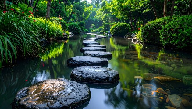 Serene Stone Path Across Water in Lush Green Landscape for Wellness and Tranquility Stock Photo.