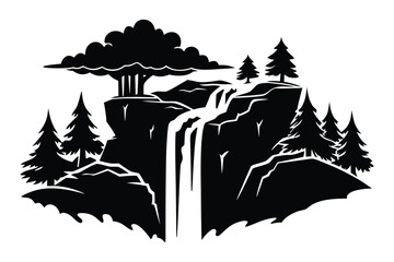 Fototapeta premium Waterfall Cliff Silhouette with Forest and Mist