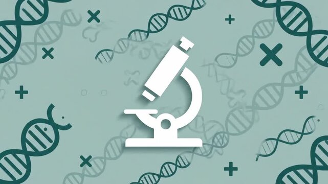 A white microscope icon sits centrally on a teal backdrop adorned with green DNA strands plus signs and Xs