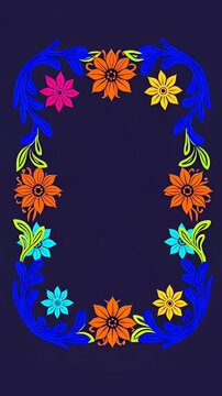 Colorful Mexican floral embroidery pattern animating into a decorative frame on a dark blue background, illustrating Hispanic Heritage Month culture