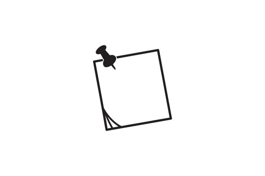 Outline of square sticky note pinned with pushpin, clean line art on white background, simple reminder or message icon