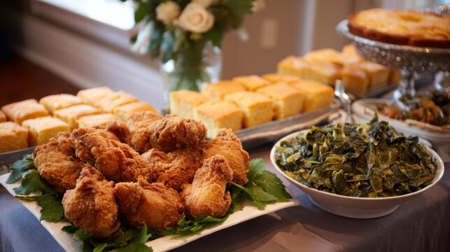 Traditional Southern Soul Food Buffet with Crispy Fried Chicken, Cornbread, and Collard Greens