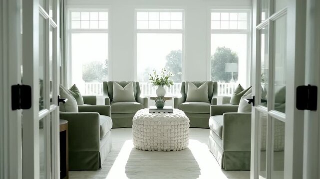 Elegant Living Room with Sage Green Velvet Armchairs and White Tufted Ottoman Bathed in Natural Sunlight Through Large Windows