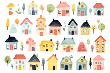 Naklejka premium Different hand drawn small buildings and plants illustrating a cheerful village
