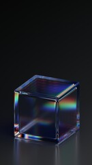 Abstract iridescent glass cube on a black background, vertical 3d render
