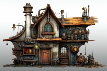 Obraz premium Intricate steampunk style building featuring mechanical gears, pipes, and old world elements