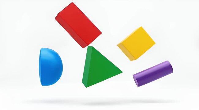 Dynamic 3D animation of colorful geometric shapes morphing and rotating on a clean white background.