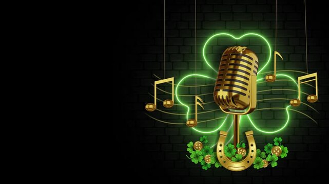 st. patrick's day karaoke animated background with neon clover, golden mic and musical notes on black bicks wall