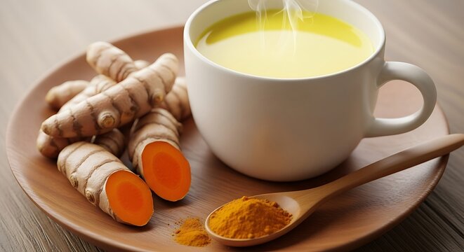 A warm cup of turmeric tea with fresh turmeric root and powder on a wooden plate