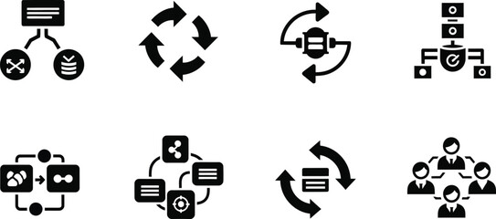 Eight icons illustrating data processing, system integration, and team collaboration