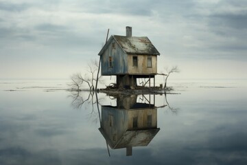 Weathered house standing on stilts above still water with its reflection mirroring the sky