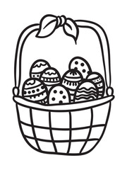Ribbon tied basket filled with Easter eggs in hand drawn outline style. Perfect for Easter themed design elements, greeting cards, seasonal branding, coloring pages, and festive merchandise graphics.