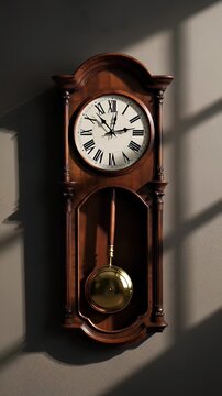Classic grandfather clock with a brass pendulum swinging rhythmically against a dark wall with window shadows, symbolizing the passage of time.