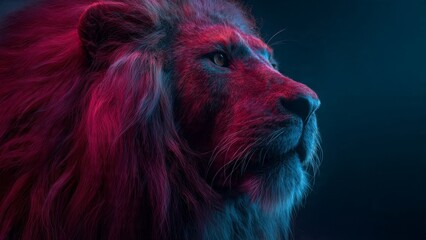 Naklejka premium Lion's Majestic Profile Glimmers Under Dual Neon Light