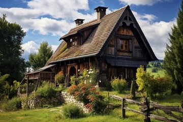 Rustic wooden cottage standing amidst green hills under a blue sky with clouds