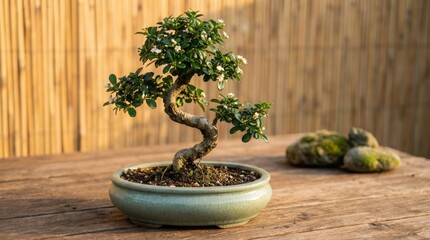 Elegant Bonsai Tree in Ceramic Pot on Wood Table Zen Background