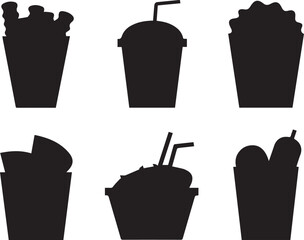 Silhouette icons of various fast food and drink containers on white background