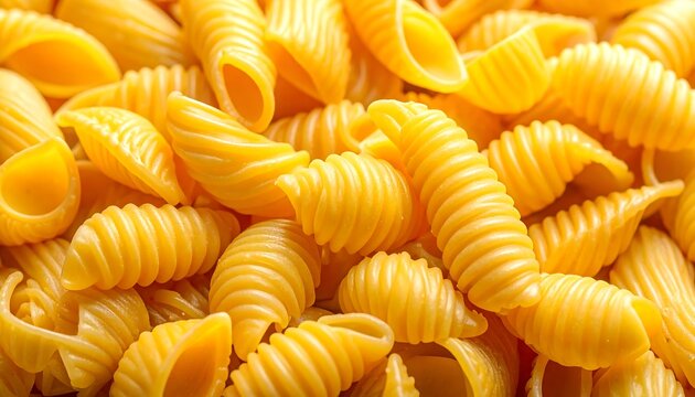Close-up of uncooked pasta, spiral-shaped. Golden yellow hue fills the frame with ridges and hollow interiors. The starchy food is the focus