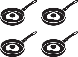 Four black frying pans with eggs on white background pan egg cooking