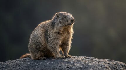Alpine Marmot Wildlife Portrait Sitting on Rock Backlit at Golden Hour