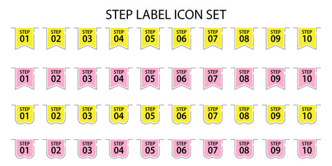 Step label icon set with ten steps numbered one to ten in yellow and pink variations on a transparent background for various projects