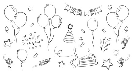 Collection of hand drawn party elements including balloons confetti party hats cake and banners isolated on transparent background vector