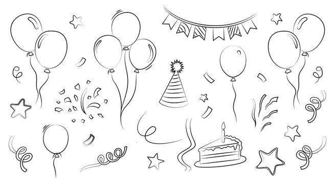 Collection of hand drawn party elements including balloons confetti party hats cake and banners isolated on transparent background vector