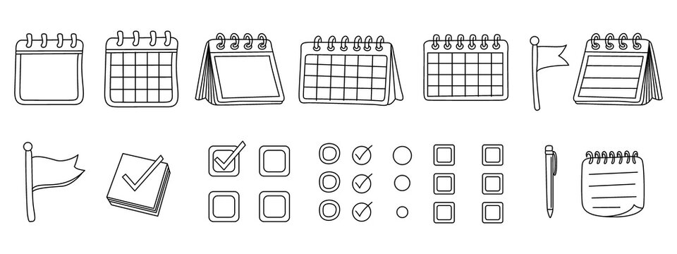 Set of hand drawn calendar pages and checklist items including flags notebook pen and check marks isolated on transparent background vector
