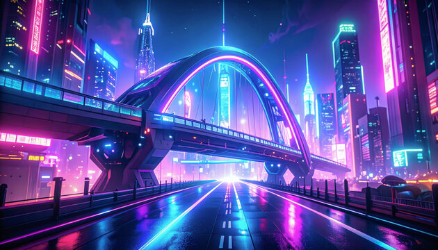 Neon Lit Futuristic Bridge in a Cyberpunk City at Night
