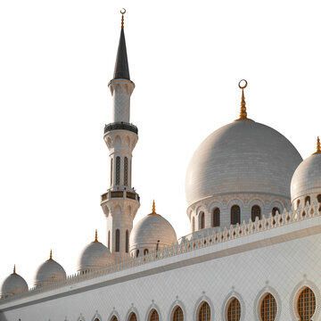 White mosque architecture with domes and minaret isolated on a transparent background