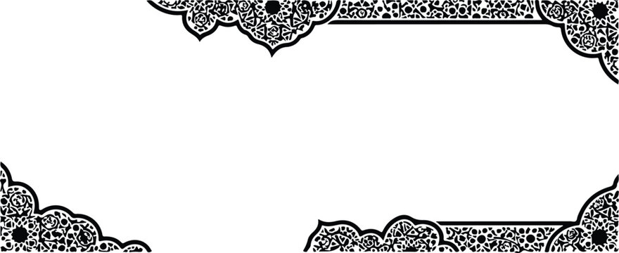 Ornate Islamic corner decorations set, black arabesque flourishes for borders and frames, traditional pattern elements