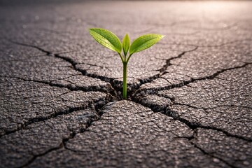 Sprout grows from under asphalt. Seedling, plant, germination and growth