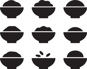 Nine black silhouette icons of bowls with various amounts of food bowl