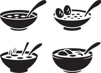 Four black and white icons of bowls with spoons and various foods