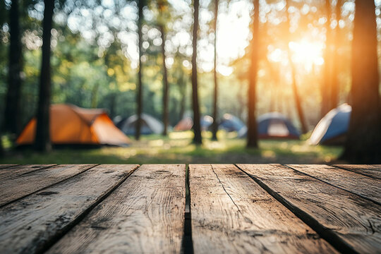 Scenic forest camping site with glowing evening sunset and wooden table surface in focus, generative ai