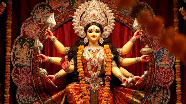 Goddess Durga Idol Worship with Diya and Marigold Flowers at Night