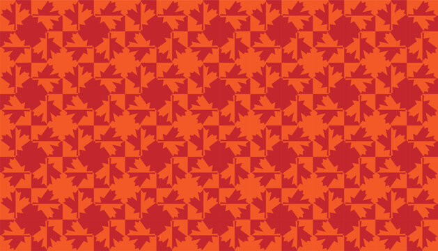 A seamless geometric pattern of maple leaves using a combination of deep red and orange, perfect for design, wallpaper and printing