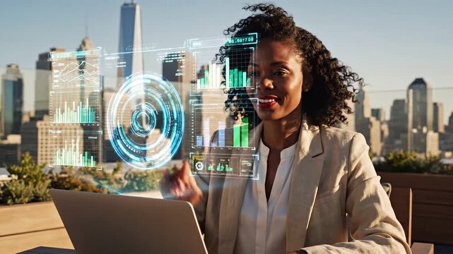 Woman working on laptop on terrace overlooking city skyline, digital interface
