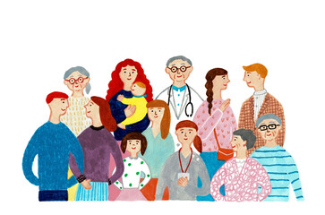 多世代家族と医療従事者が並ぶ水彩手描きイラスト