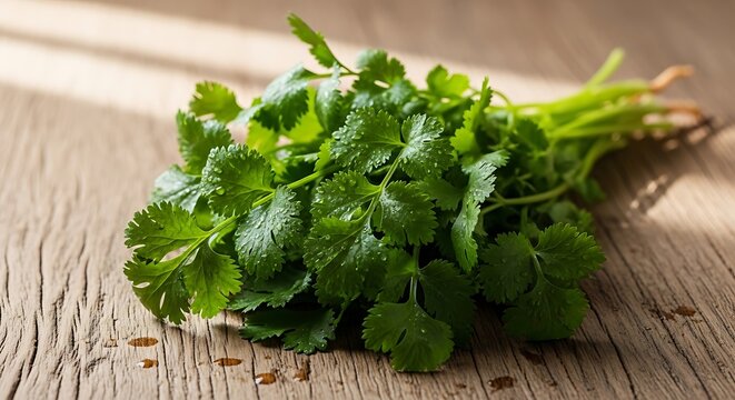 Fresh bunch of cilantro placed on a rustic wooden surface. corriander