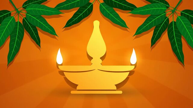 An illustration of a lit oil lamp framed by mango leaves against a warm orange background