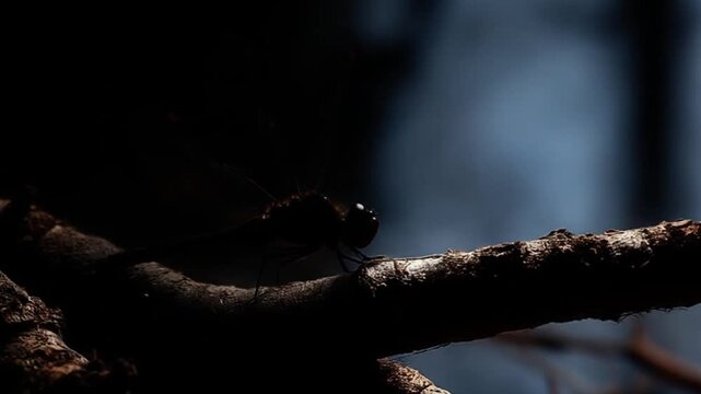 Dragonfly silhouette on branch under moonlight background