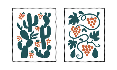 Abstract botanical illustration with cactus and grape vine patterns