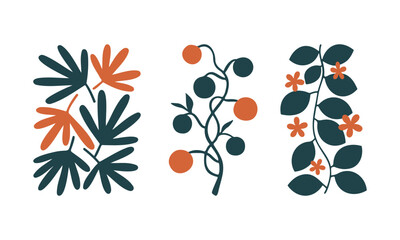 Minimalist botanical art with tropical leaves and berry branches