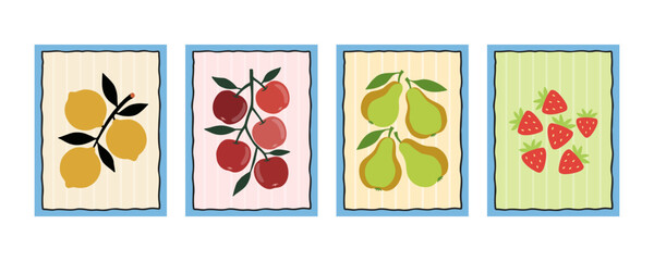 Set of minimalist fruit posters with lemon apple pear and strawberry