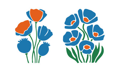 Hand drawn minimalist blue and orange poppy flowers illustration