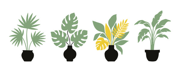 Collection of minimalist indoor potted plants and monstera leaves illustration