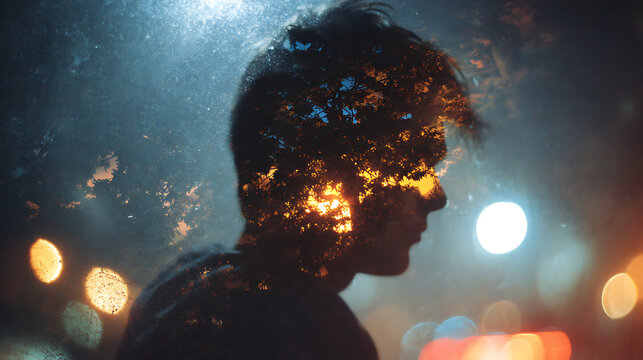 A pensive individual amidst city lights, their silhouette interwoven with the glow of foliage