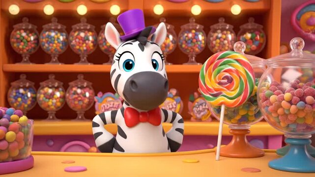 A cartoon zebra wearing a purple hat and red bow tie stands behind a colorful candy counter with lollipops and sweets.