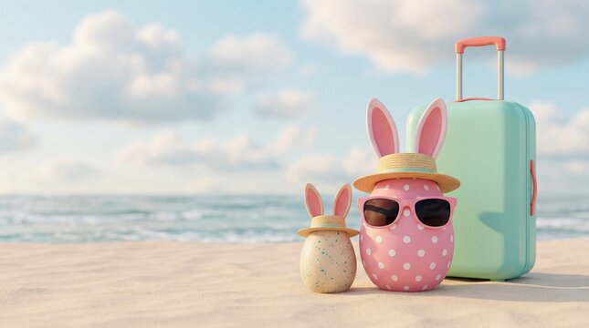 Two Easter eggs with bunny ears and a straw hat wear pink sunglasses next to a mint suitcase on a sandy beach with calm ocean waves, creating a whimsical spring travel scene for holiday advertising